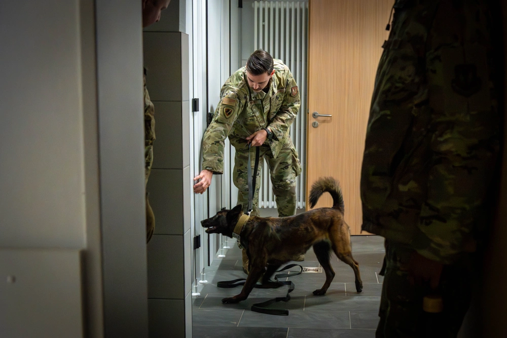 Detection dog and handler inspect lockers for 52nd Security Forces Squadron certification.