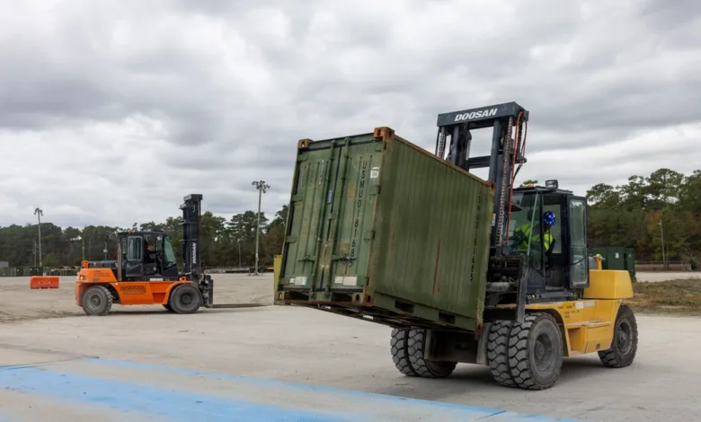 Forklift moving a container during Combat Logistics Battalion 24 training.