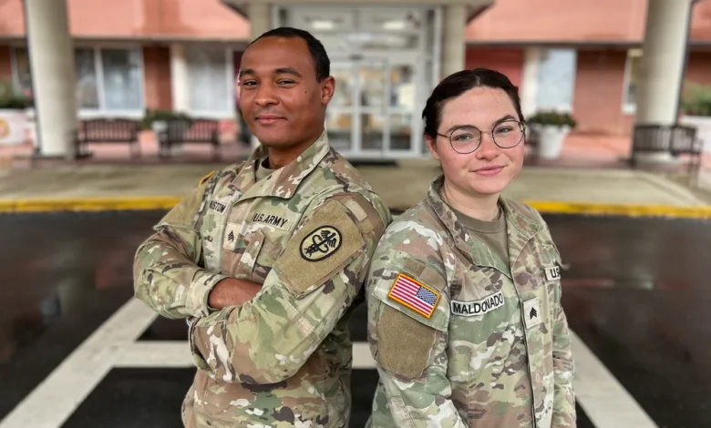 Sgts. Raven Maldonado and Jaden Huston stand in front of McDonald Army Health Center. Army Medical Department program.