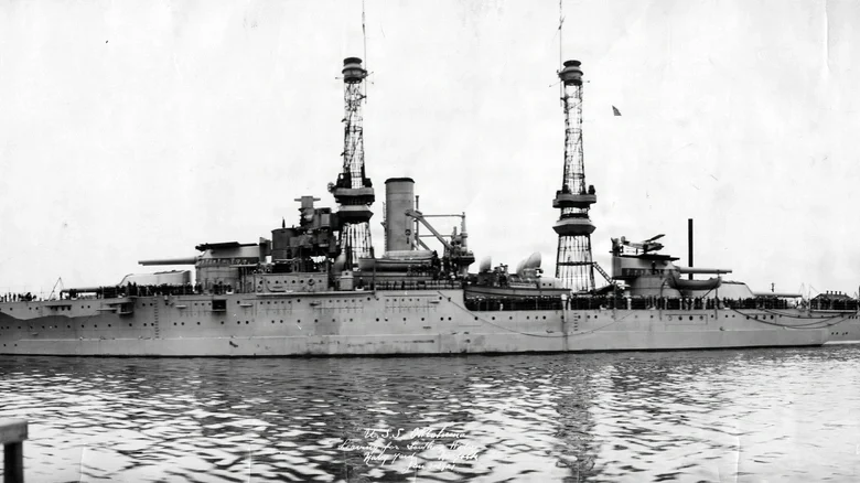 Battleship USS Oklahoma at anchor, a leader of WWII namesake submarines.