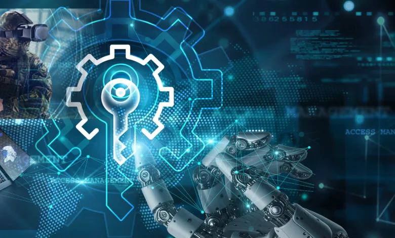 Military technology: Soldier in VR, laptop, robotic hand, and key gear represent access management and evolving military advantage.