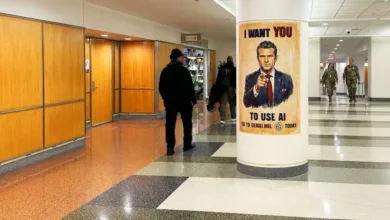 GenAI.mil poster featuring a pointing man in a suit, with soldiers walking in the background.