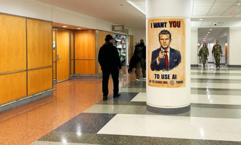 GenAI.mil poster featuring a pointing man in a suit, with soldiers walking in the background.