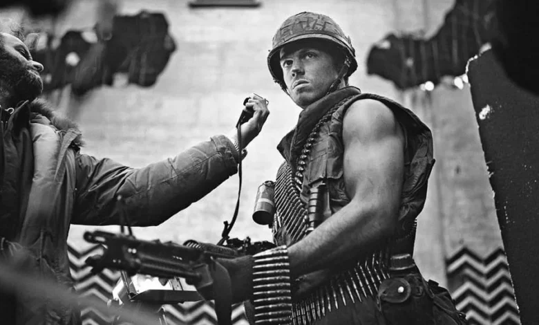 Matthew Modine on the set of 'Full Metal Jacket' with filming crew.