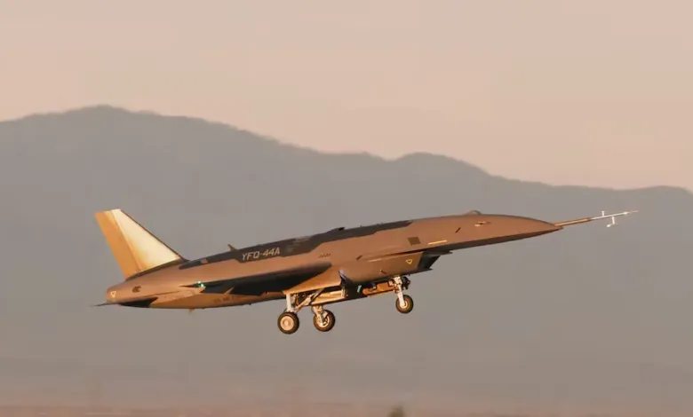 Anduril's YFQ-44A drone wingman taking flight. "US AIR FORCE" marking visible.