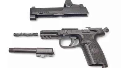 Disassembled FN 502 .22 LR handgun showing slide, frame, barrel, and recoil spring.