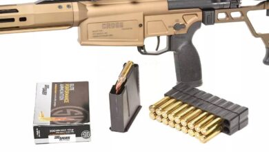 Sig Sauer Cross rifle chambered in .300 Win Mag with ammo and magazine.