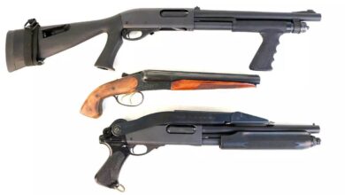 Three shotguns for home defense: a pump-action with a pistol grip, a sawed-off double-barrel, and a tactical shotgun.