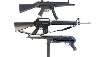 Three rifles, including a .22 rimfire replica rifle, displayed on a white background.