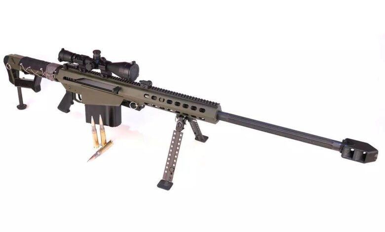 Barrett M82A1 .50 Cal rifle with scope, bipod, and ammunition displayed.