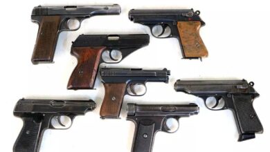 Collection of historic German pocket pistols, including Walther models.