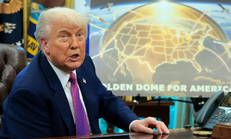 Donald Trump in the Oval Office with a "Golden Dome for America" graphic in the background.