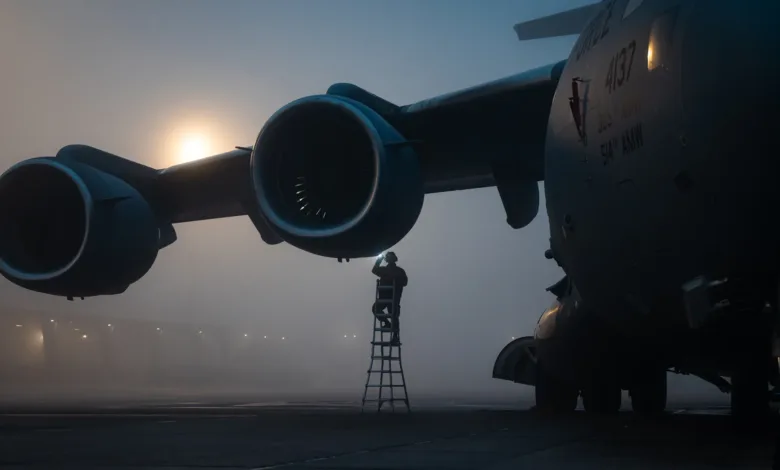 Air Force mechanic working on a C-17 Globemaster III engine in fog.