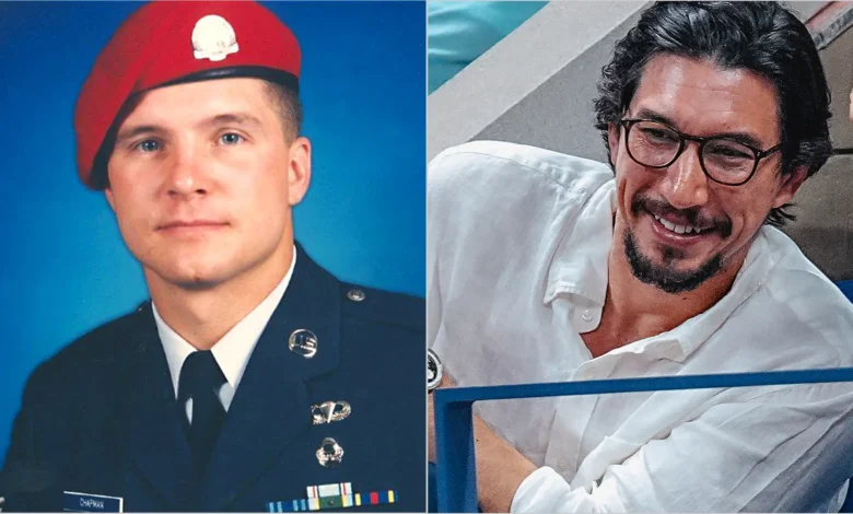 Adam Driver as John Chapman: Portrait of Chapman in uniform beside Driver smiling in glasses.