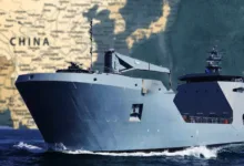 Chinese Navy landing ship against map of China. Island hopping capabilities.