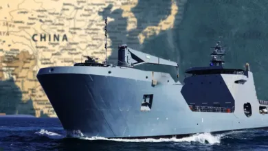 Chinese Navy landing ship against map of China. Island hopping capabilities.