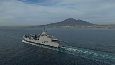 Italian Navy's Vulcano-class logistic support ship (LSS) A5335 sails near Mount Vesuvius. Fincantieri delivery.