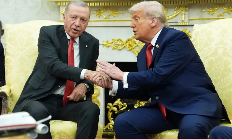 Donald Trump shakes hands with Recep Tayyip Erdoğan, discussing F-35 talks.