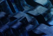 Abstract blue ribbons with circuit board patterns, representing information technology.