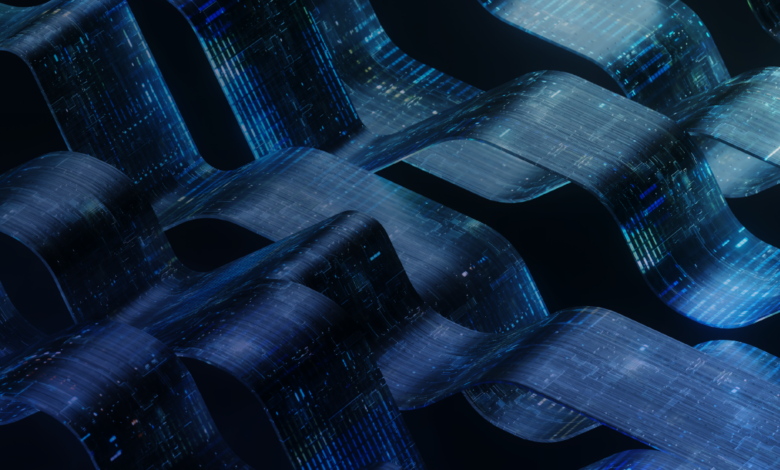 Abstract blue ribbons with circuit board patterns, representing information technology.