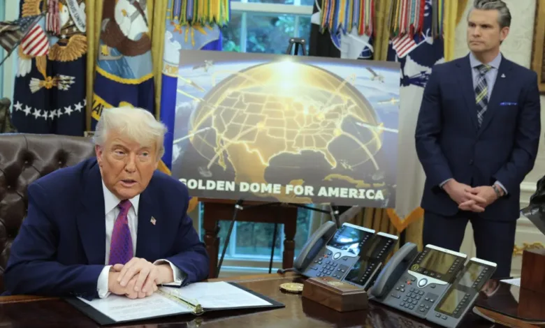 Trump with "Golden Dome for America" poster; MDA contract opportunity.