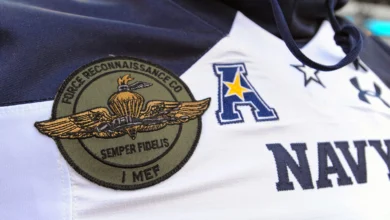 Force Reconnaissance Co. patch on Navy jersey for Army-Navy Game.