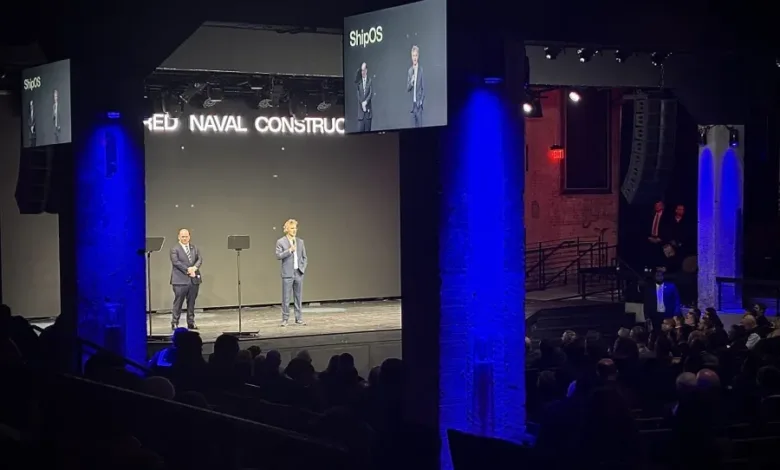 ShipOS presentation: Speakers on stage at the Navy-Palantir partnership event.