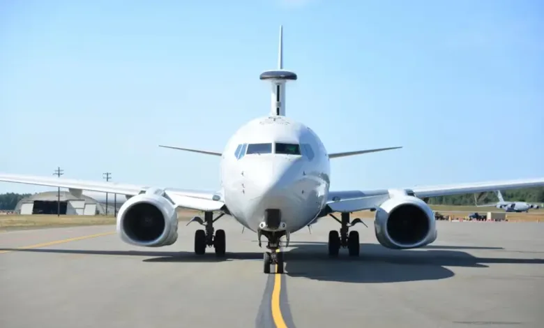 Boeing E-7 Wedgetail AWACS aircraft on the tarmac, front view.