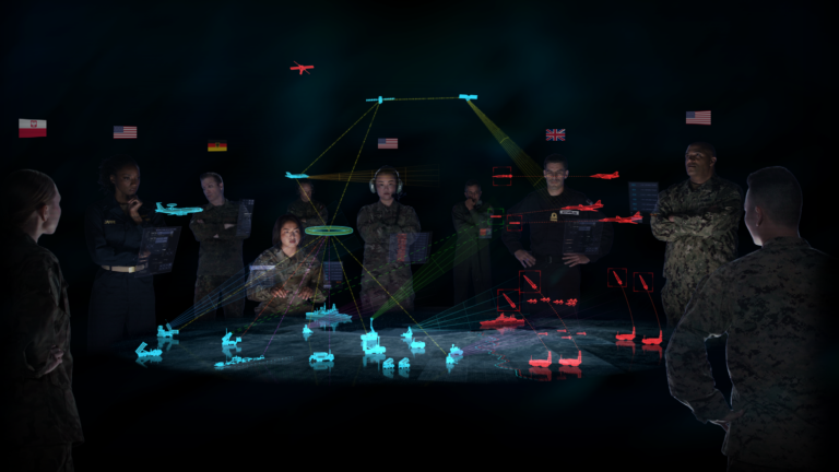 Military personnel in a command center, visualizing integrated battle command system (IBCS) data on a holographic display.