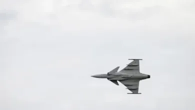 Swedish Gripen fighter jet in flight against a cloudy sky.