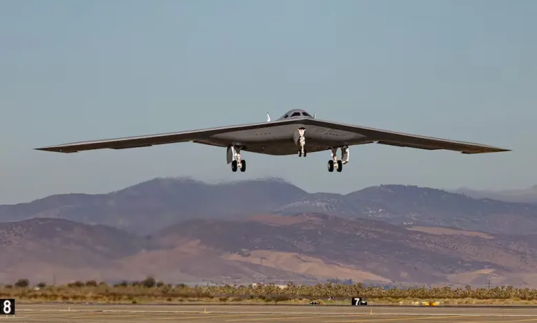 US Air Force B-21 Raider stealth bomber prototype taking off.