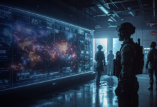 Military personnel in control room viewing large screen displaying complex data, highlighting AI advantage.