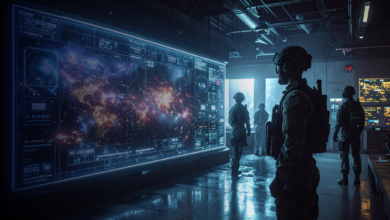 Military personnel in control room viewing large screen displaying complex data, highlighting AI advantage.