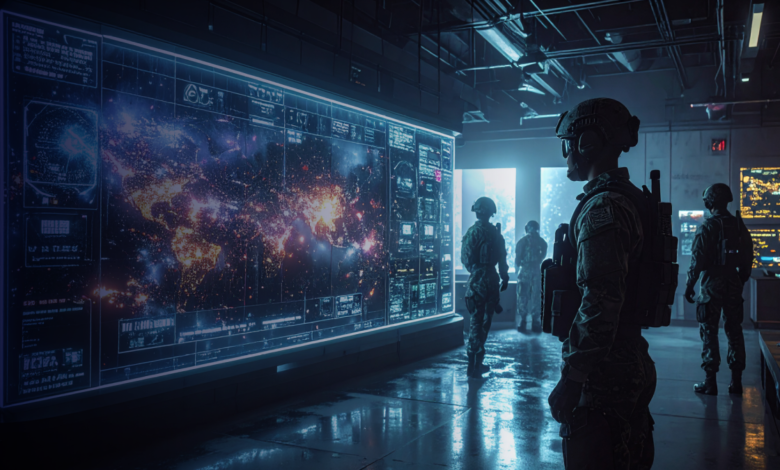 Military personnel in control room viewing large screen displaying complex data, highlighting AI advantage.