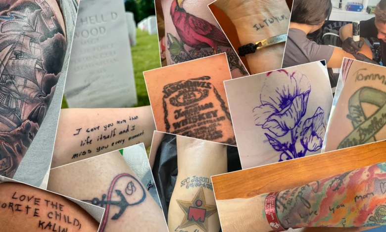 Collage of memorial tattoos honoring fallen military, a way military families remember.