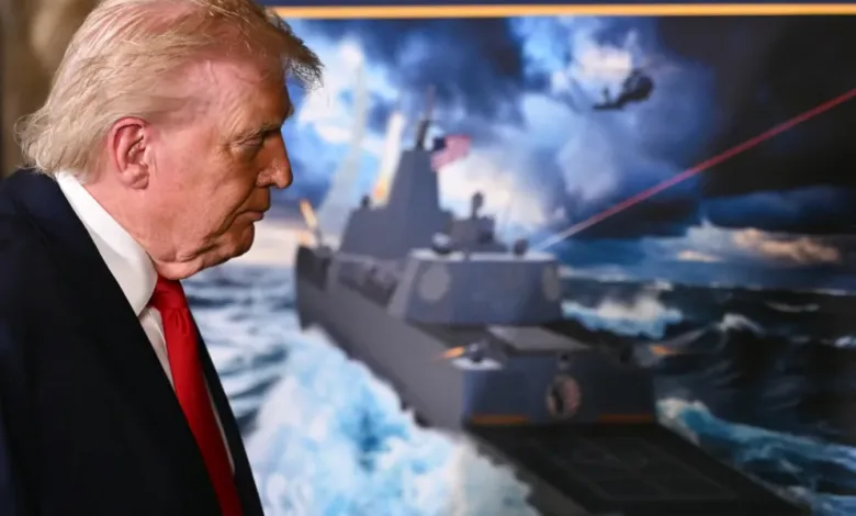 Donald Trump views a rendering of a new Navy battleship with lasers, possibly related to news of new battleships.