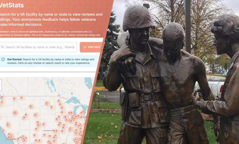 VetStats website showing a map of VA facilities and a war memorial statue.