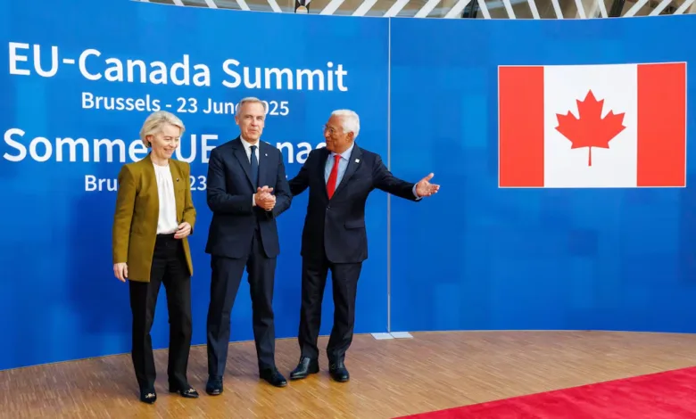 EU-Canada Summit: Leaders Ursula von der Leyen, Justin Trudeau, and António Costa pose with Canadian flag backdrop.