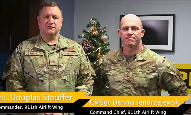 Col. Douglas Stouffer and CMSgt Dennis Jendrzejewski of the 911th Airlift Wing give a holiday message.