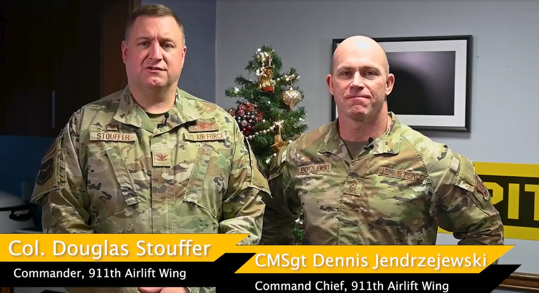 Col. Douglas Stouffer and CMSgt Dennis Jendrzejewski of the 911th Airlift Wing give a holiday message.