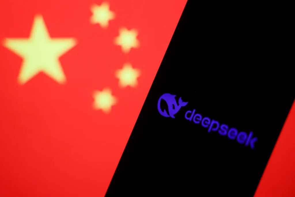 Deepseek logo on phone screen with China flag in background. Deepseek is a Chinese AI company.