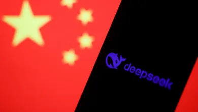 Deepseek logo on phone screen with China flag in background. Deepseek is a Chinese AI company.