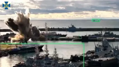 Explosion near Russian warships in port, likely related to the Ukraine submarine strike.