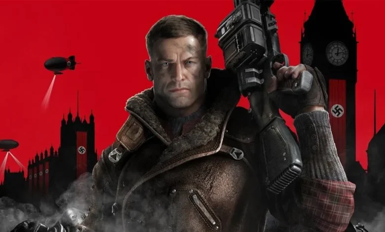 Wolfenstein game art featuring the protagonist holding a weapon against a red backdrop.
