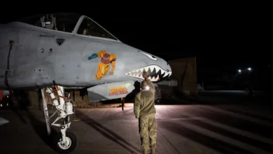 A-10 Warthog with 'Metroid' nose art being inspected at night on the flight line.