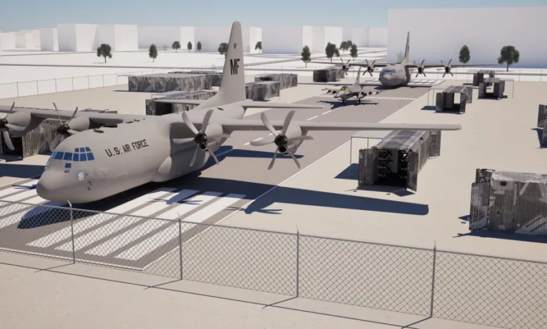 C-130 and F-16 mock airfield for Air Force basic training with shipping containers.
