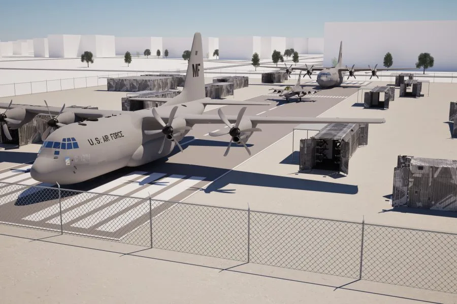 C-130 and F-16 mock airfield for Air Force basic training with shipping containers.