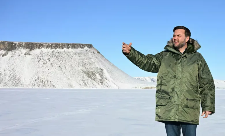 Man in parka gesturing in snowy landscape with mountain backdrop.