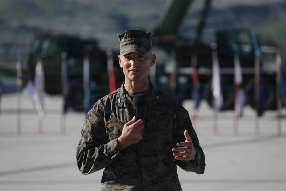 Marine officer speaks at HMLA-169 change of command ceremony, Camp Pendleton.