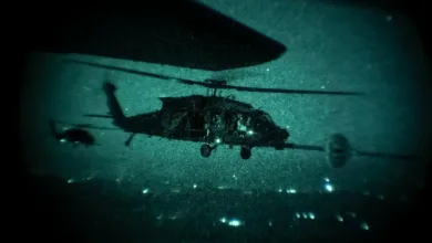 Night vision image of military helicopters flying, possibly related to the capture of Nicolás Maduro.